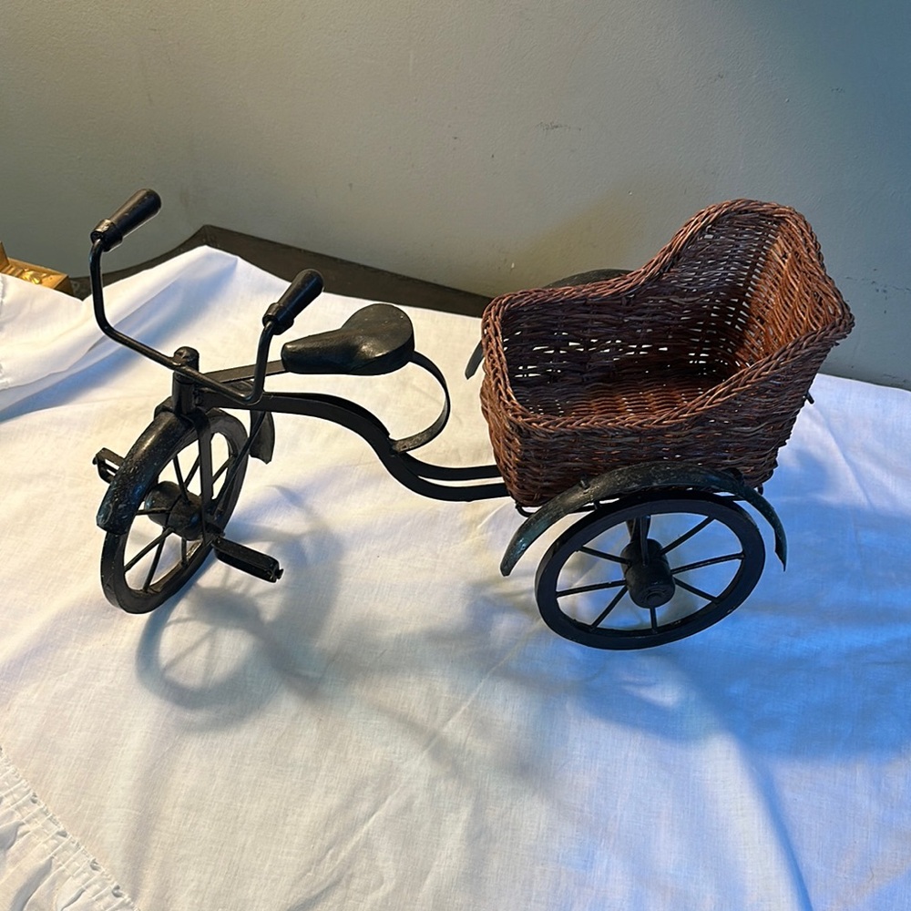 Vintage Black Metal Tricycle with Wicker Basket